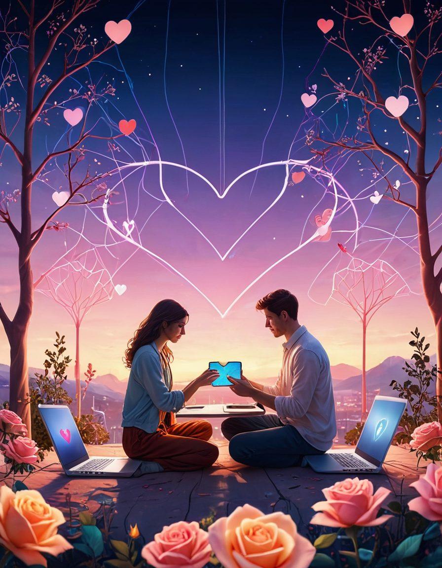A warm and inviting digital landscape representing connection, featuring diverse couples interacting through various devices such as smartphones and laptops. The background should illustrate a heart-shaped network made of glowing lines and icons symbolizing love and romance. Soft pastel colors to evoke warmth and happiness. Include subtle elements like roses and hearts scattered throughout the scene. vibrant colors. 3D.