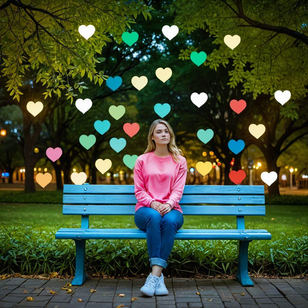 A serene figure sitting on a park bench, surrounded by floating digital heart icons and social media notifications, looking contemplative yet hopeful. The background features a blend of nature and a glowing, abstract representation of a social network, symbolizing online connections. Soft lighting creates a calm atmosphere, emphasizing the emotional journey of finding love online. vibrant colors. super-realistic.