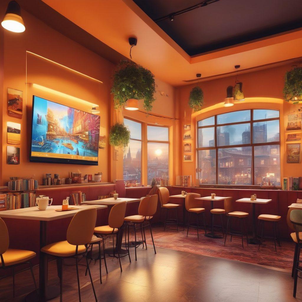 A cozy digital café scene with diverse avatars engaging in a lively conversation around tables, showcasing friendship in virtual spaces. Warm colors and glowing screens create an inviting atmosphere, with elements like game controllers, books, and coffee cups symbolizing shared interests. The background features a whimsical skyline made of digital elements. super-realistic. vibrant colors. 3D.
